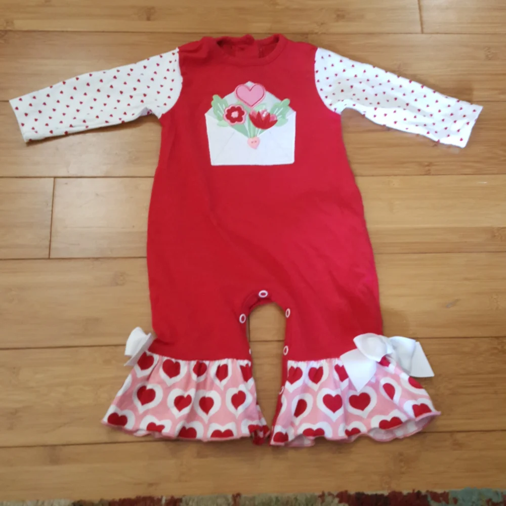 Ricrac and Ruffles Love Letters Valentine's Day girls long sleeved romper - Picture 1 of 9
